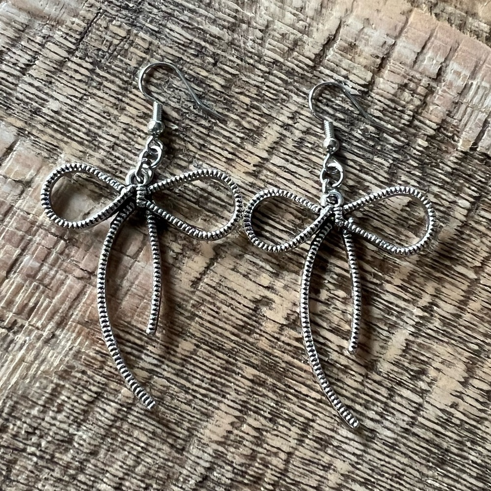 Large Silver Metal Bow Earrings by ArtTrifecta | Stainless Steel Hooks